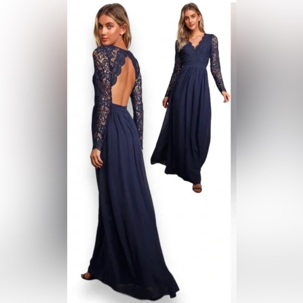 NWT Lulus Awaken My Love Navy Blue Lace Long  Sleeve Maxi Dress Size S